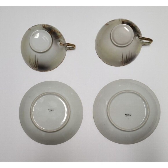 Made in Japan Hand Painted 2 Cups with Saucers Bone China Gold Ivory Grey Birds - Picture 4 of 12